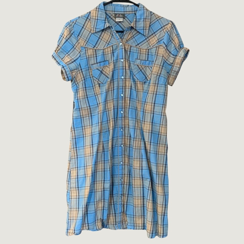 Dots Shirt Dress Medium Blue Plaid Western Preppy‎ Academia Pastel Cotton Blue